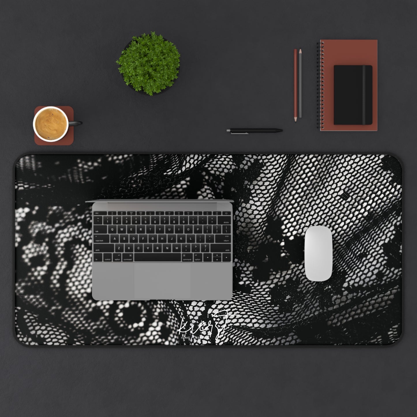Black + White Lace Print Desk Mat