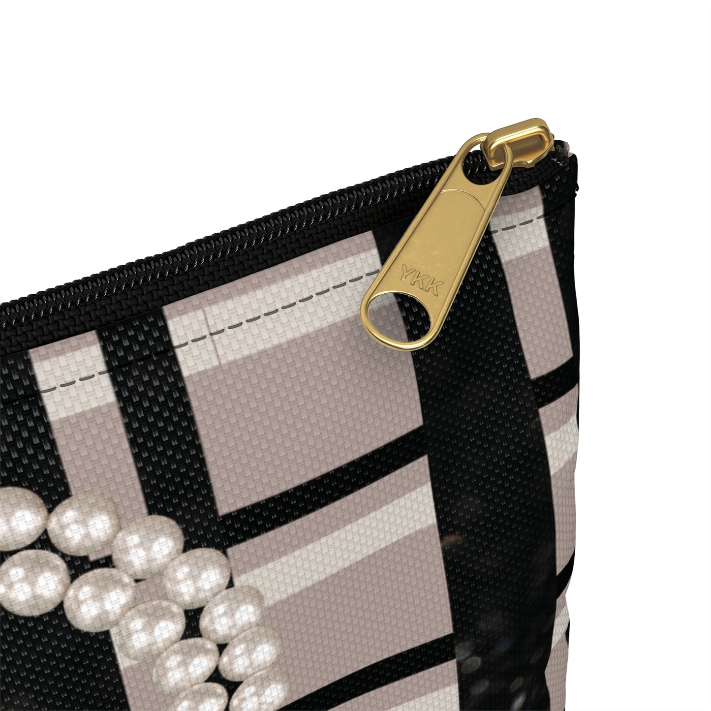 Taupe, Black, and Black Glitter Plaid with Pearl Necklace Accessory Pouch