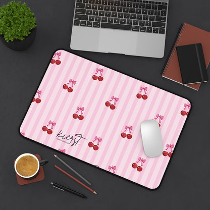 Cherries on Pink Stripes Desk Mat