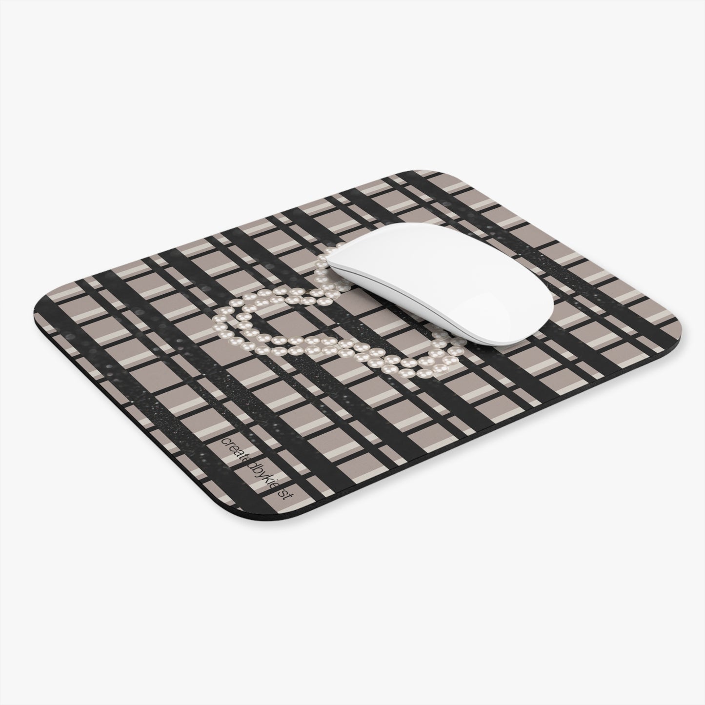 Nude, Black, and Cream Plaid with Pearls Mouse Pad (Rectangle)