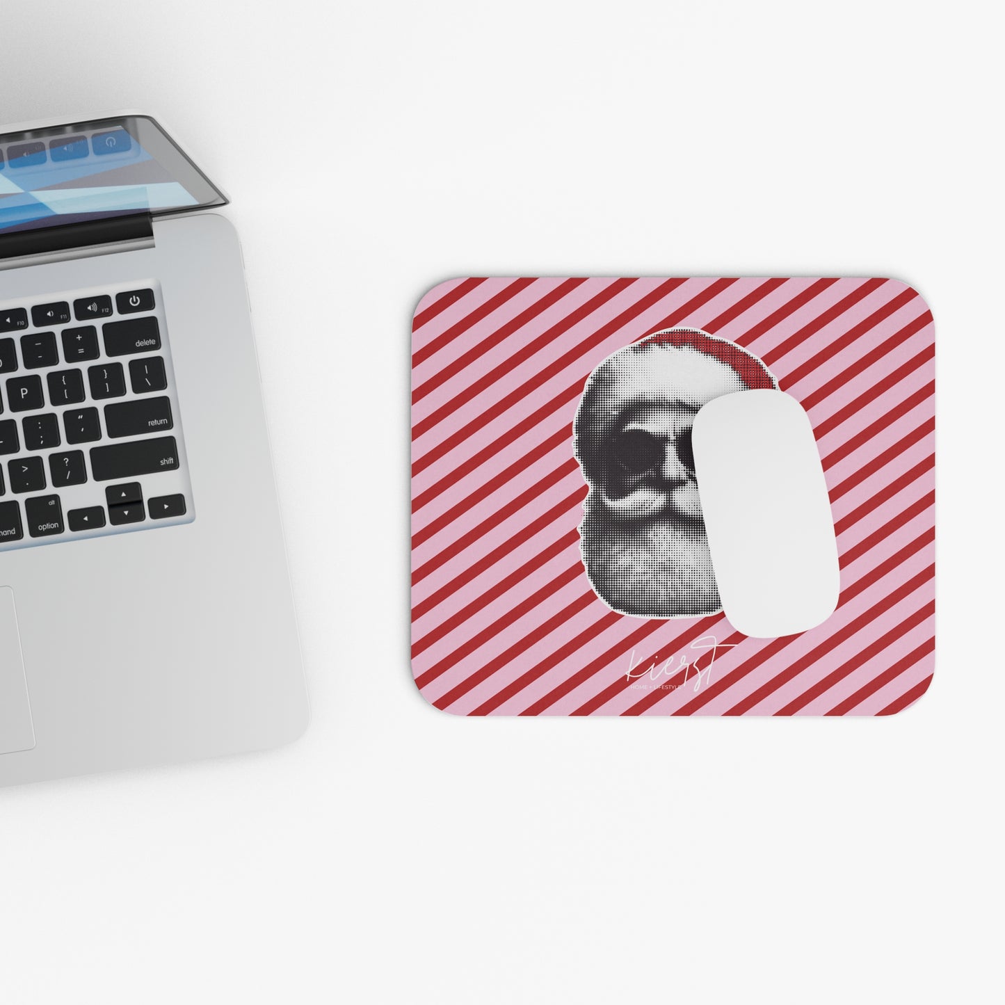 Cool Santa on Pink and Red Diagonal Striped Mouse Pad