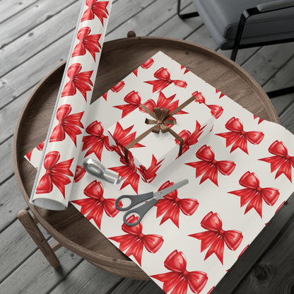 Printed Red Bows on Bone Gift Wrapping Paper