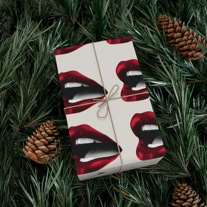 Vintage Red Lips Gift Wrapping Paper – Glossy Pop Art Mouths on Bone Color