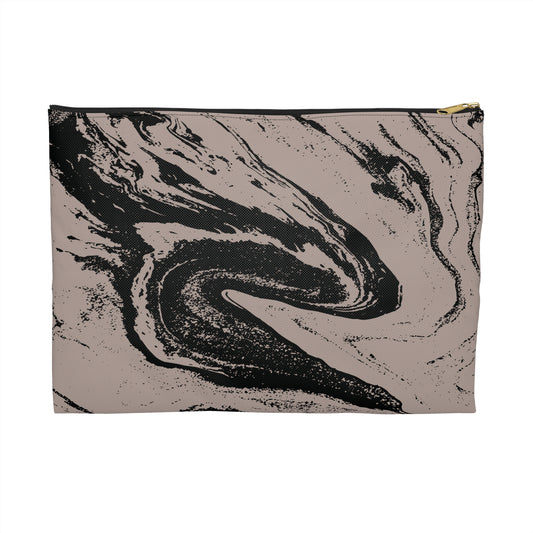 Taupe and Black Marble Accessory Pouch – Abstract Stone-Inspired Print with a Bold Edge