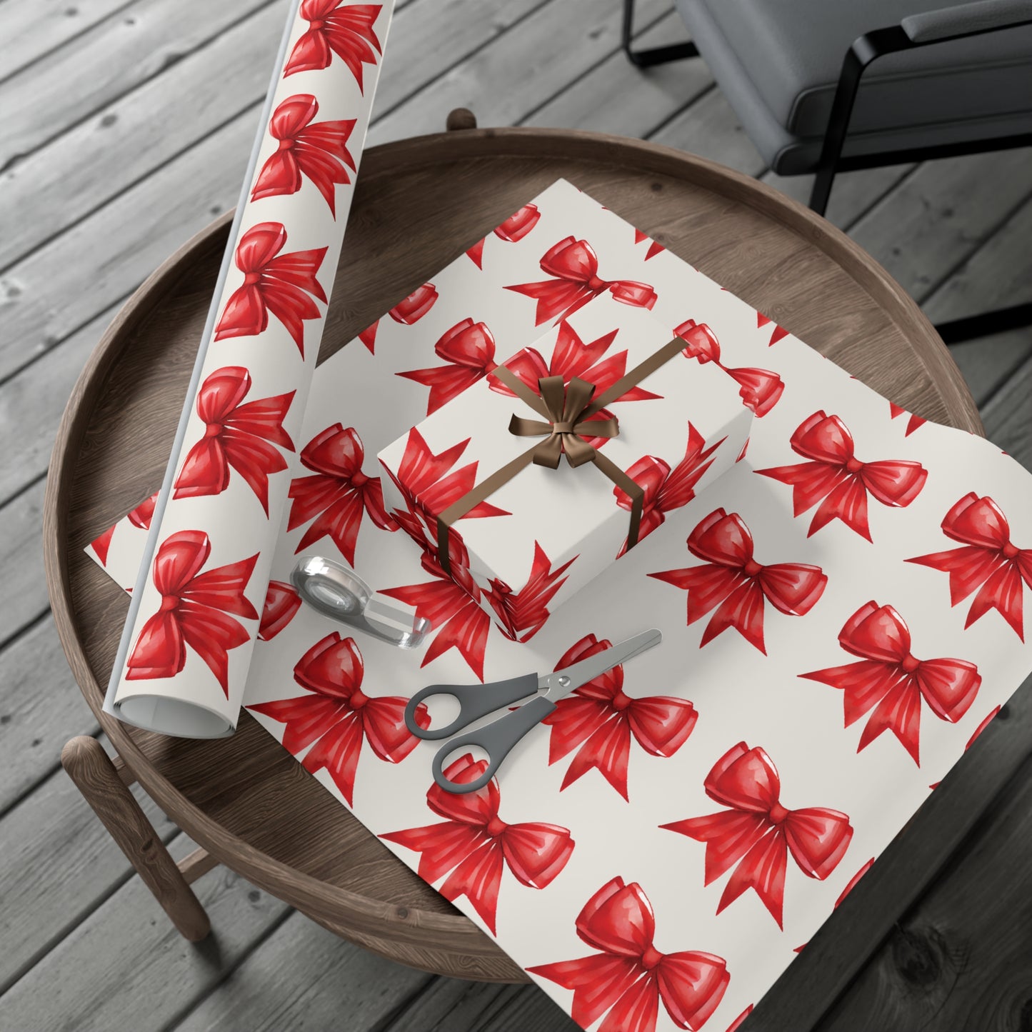 Printed Red Bows on Bone Gift Wrapping Paper