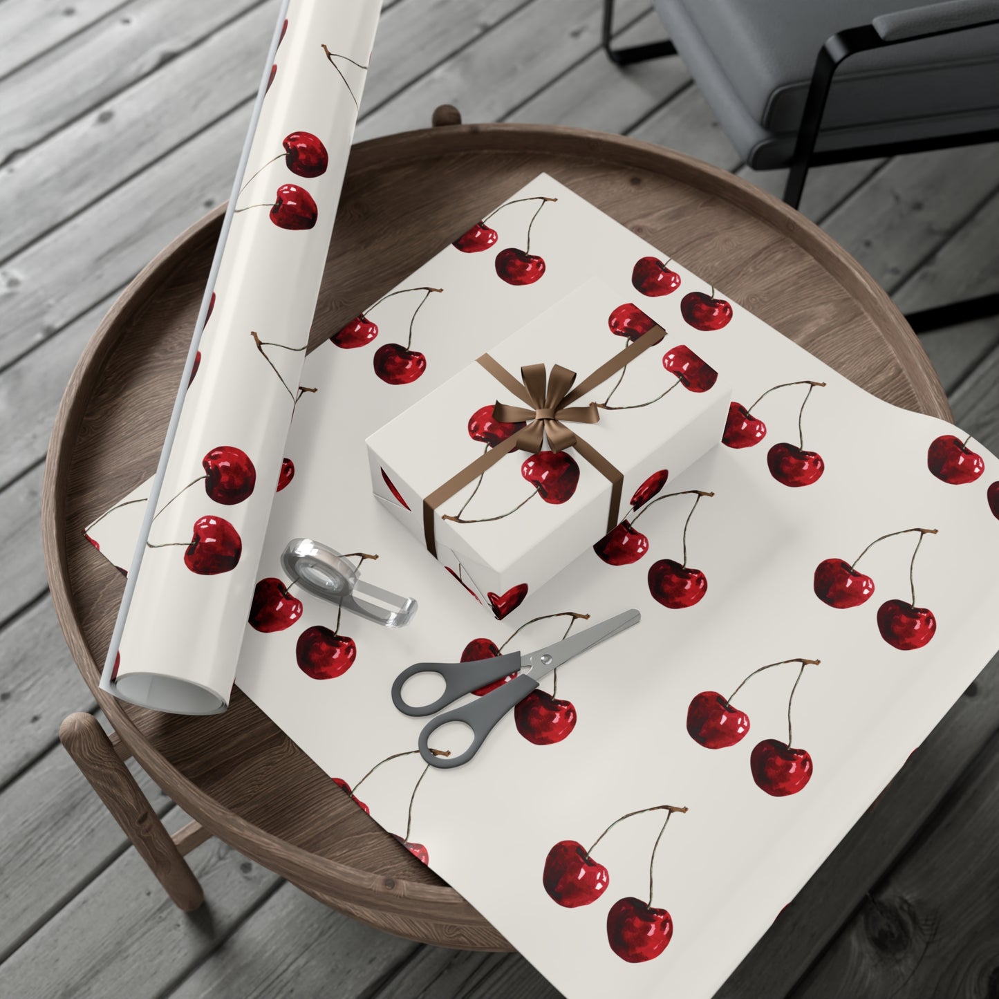 Moody Cherry Stem Gift Wrapping Paper – Glossy Red Fruit on Bone Color