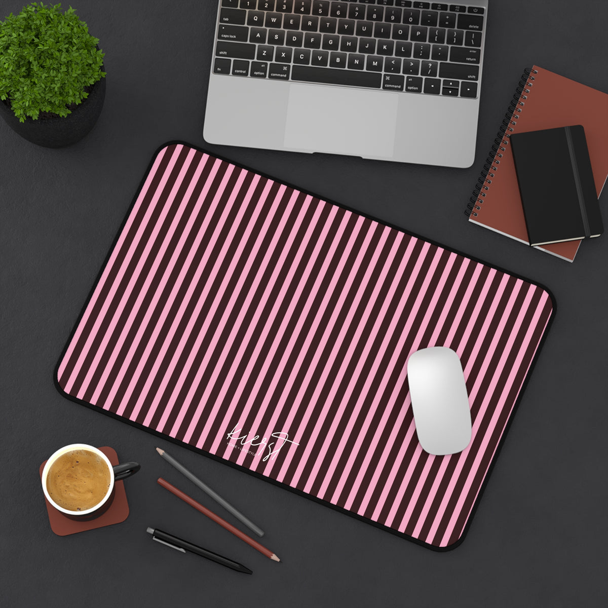 Signature Velvet Noir + Pink Stripes Desk Mat