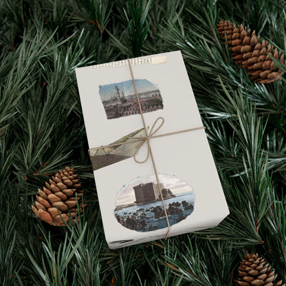 Stamped in Time Gift Wrapping Paper – Vintage Architecture & Travel Collage on Bone
