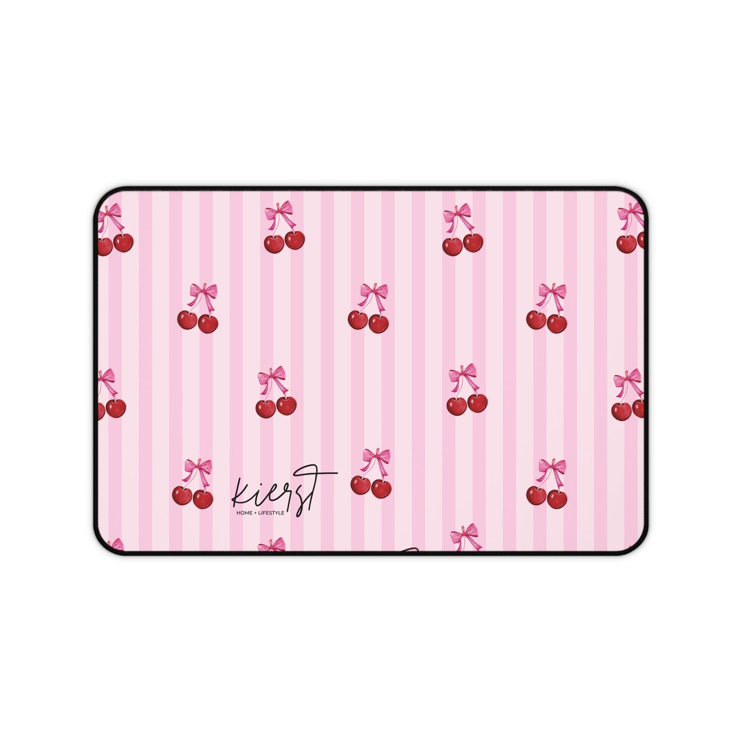 Cherries on Pink Stripes Desk Mat