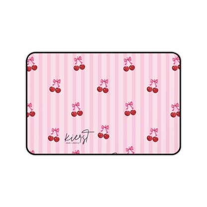 Cherries on Pink Stripes Desk Mat