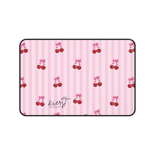 Cherries on Pink Stripes Desk Mat