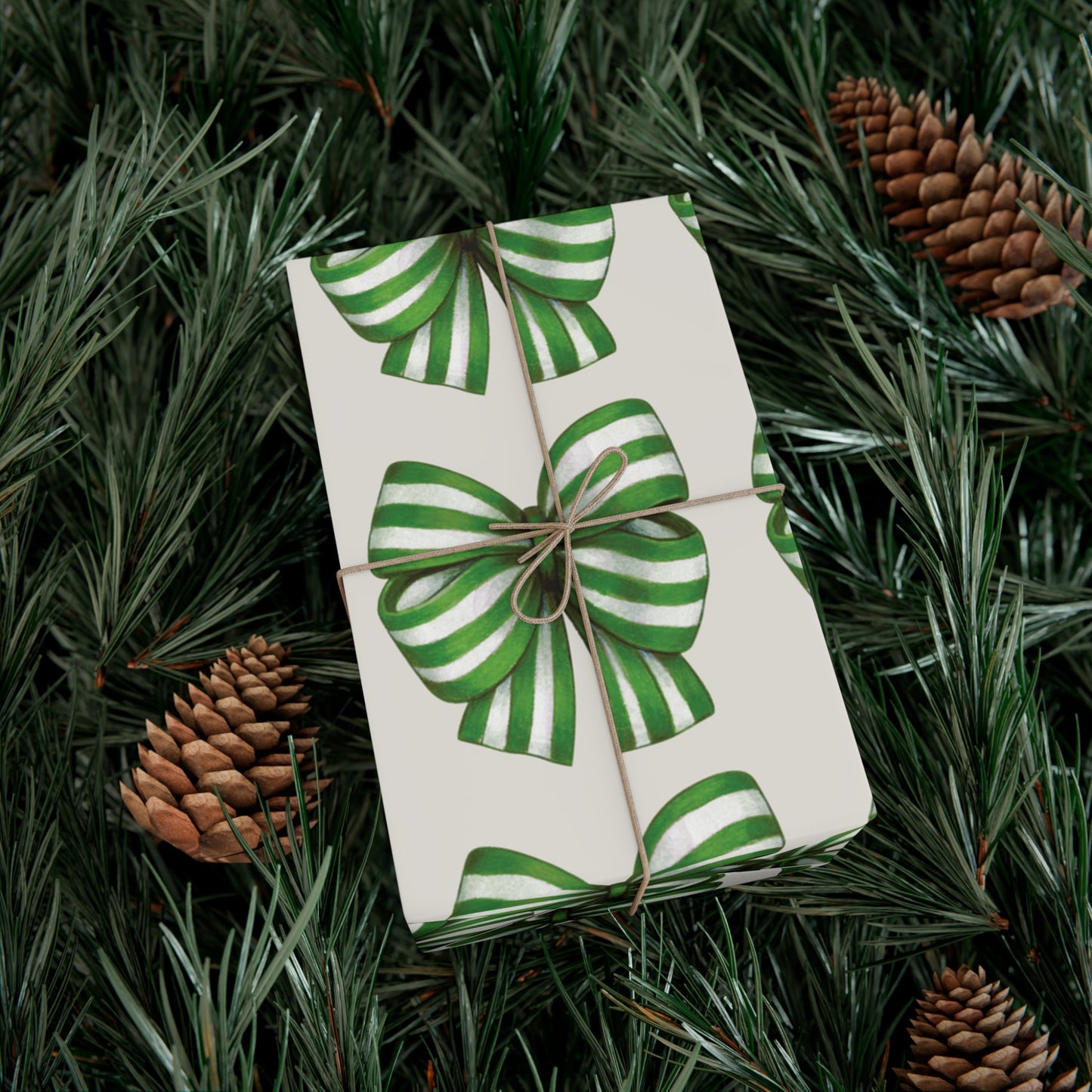 Green and White Stripe Printed Bows on Bone Gift Wrapping Paper