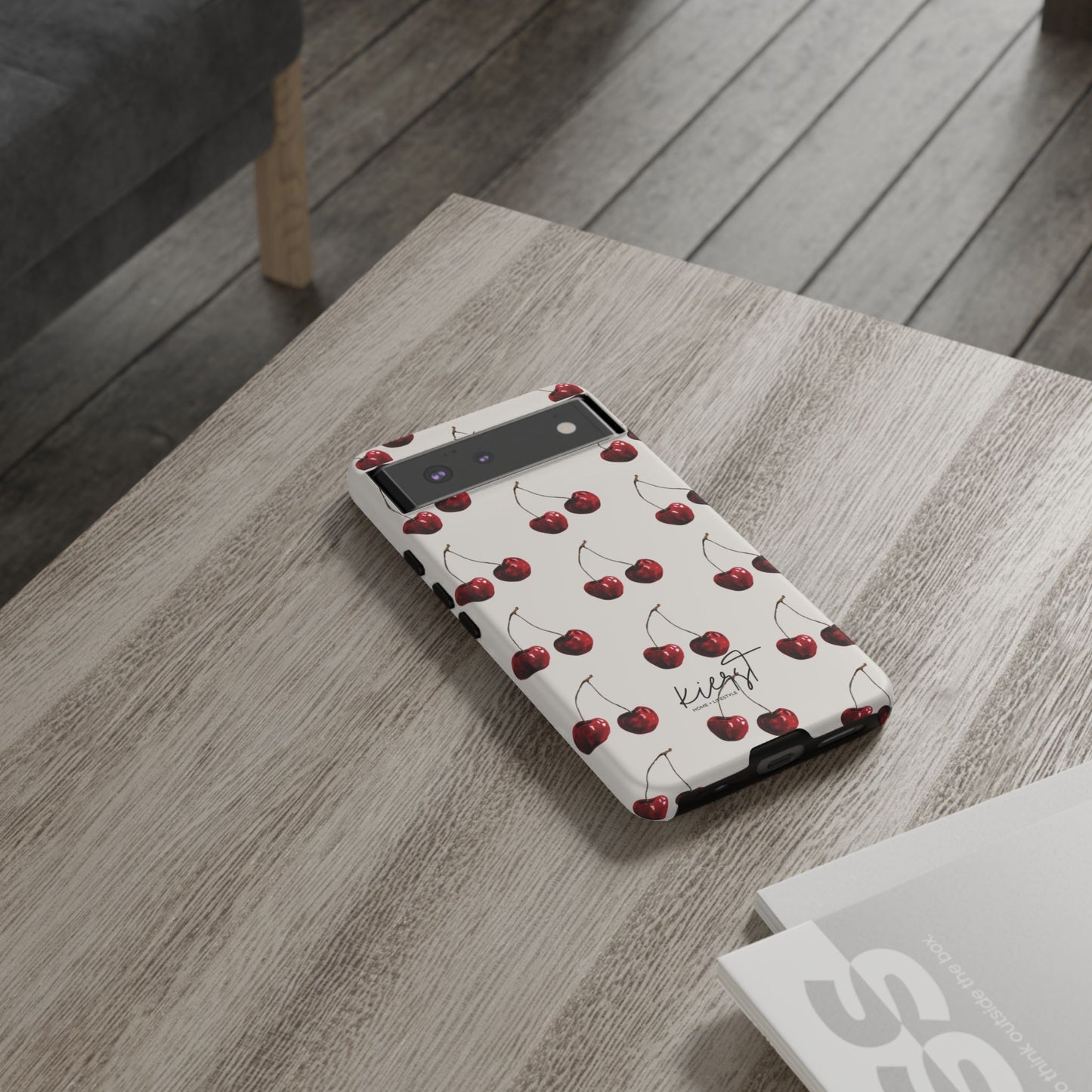 Moody Cherry Stems on White Bone Google Pixel Case | Sultry Minimalism Meets Everyday Utility