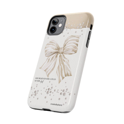 Tan and White Bow With Pearls She Believed She Could iPhone Case