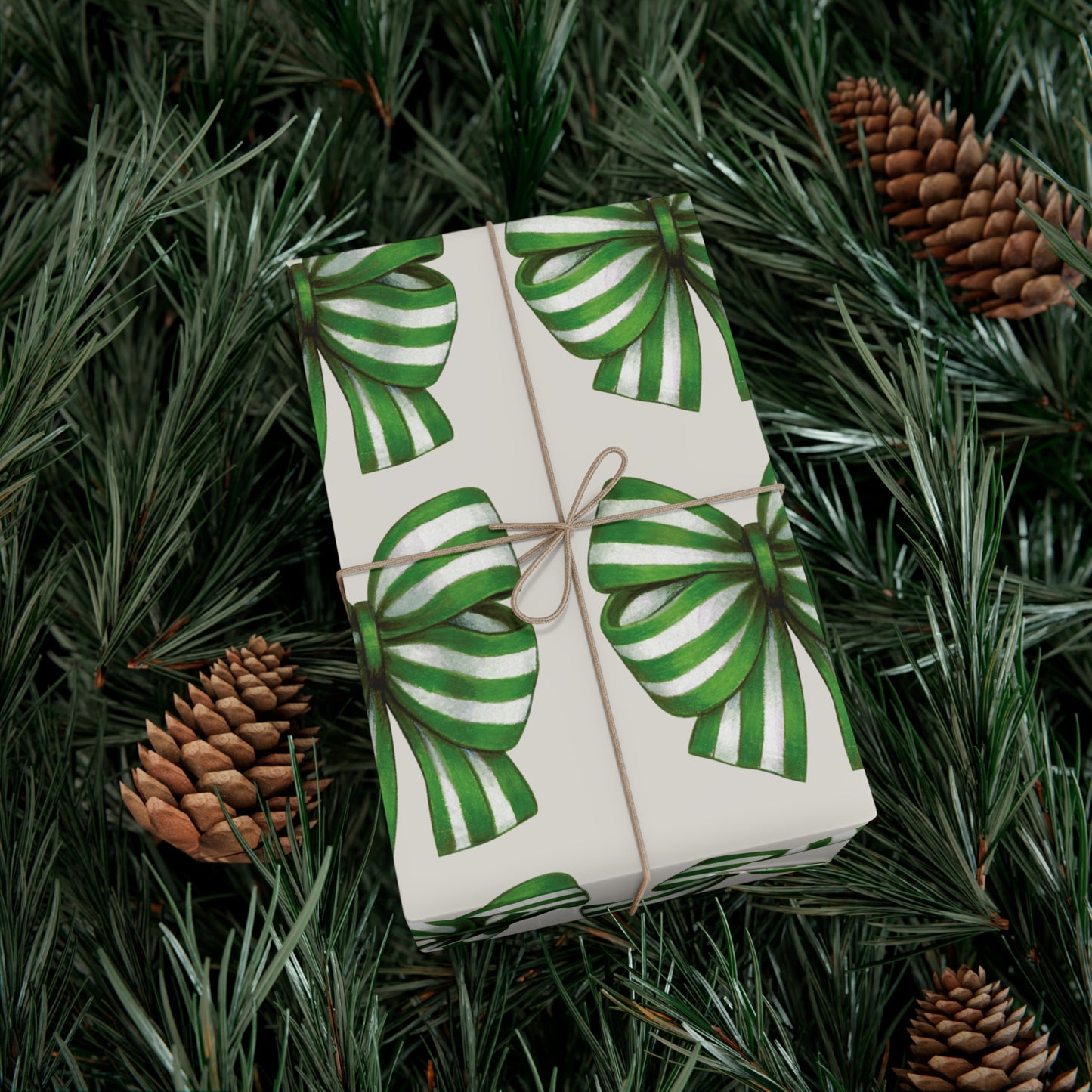 Green and White Stripe Printed Bows on Bone Gift Wrapping Paper