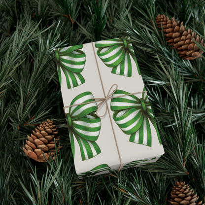 Green and White Stripe Printed Bows on Bone Gift Wrapping Paper