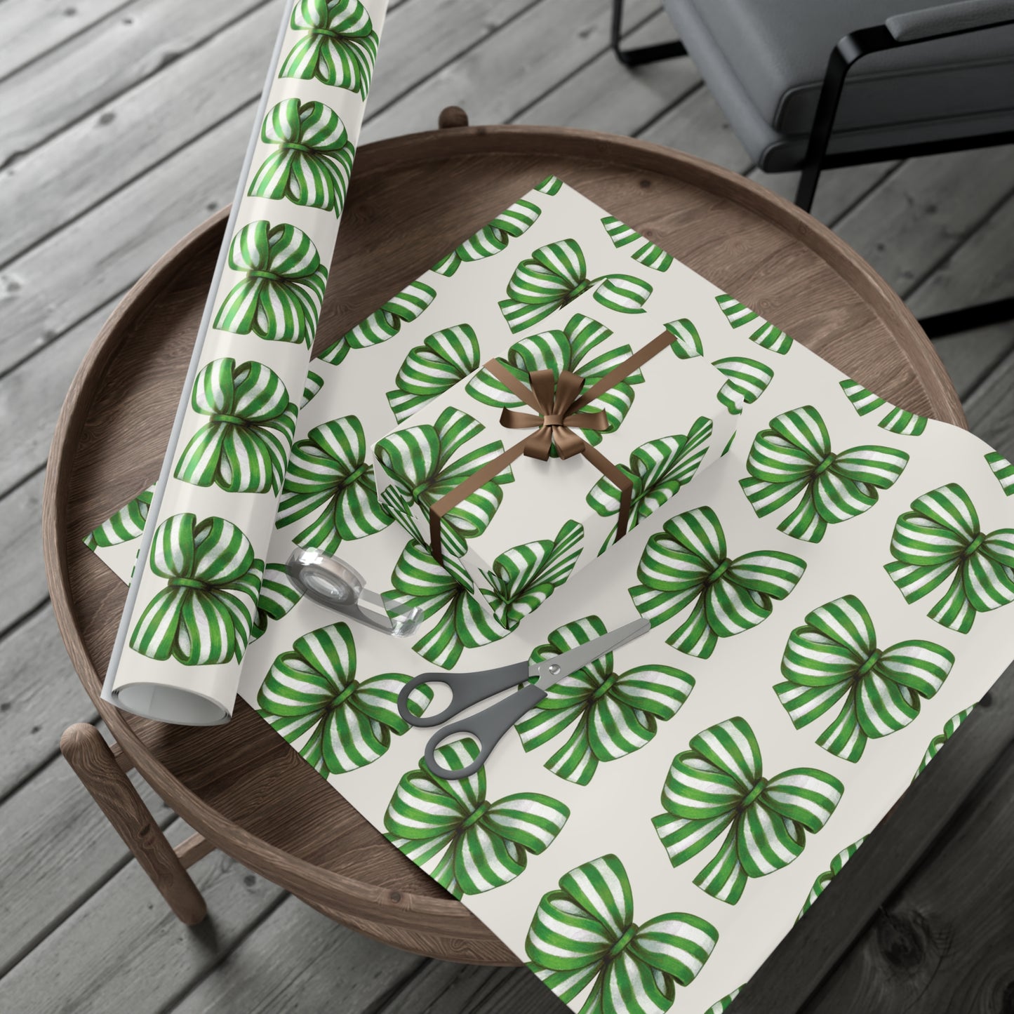 Green and White Stripe Printed Bows on Bone Gift Wrapping Paper