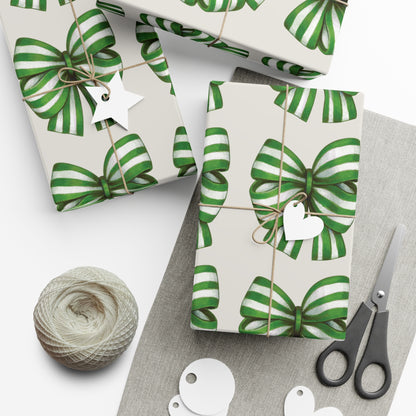 Green and White Stripe Printed Bows on Bone Gift Wrapping Paper