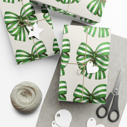 Green and White Stripe Printed Bows on Bone Gift Wrapping Paper