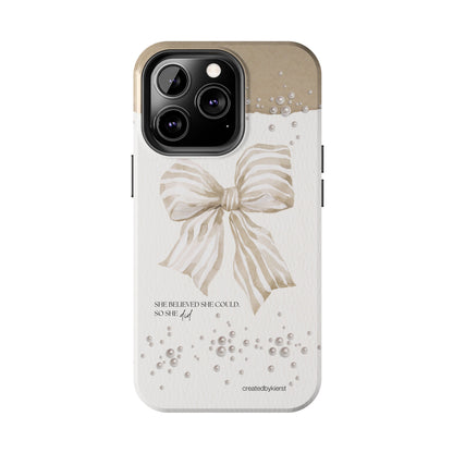 Tan and White Bow With Pearls She Believed She Could iPhone Case