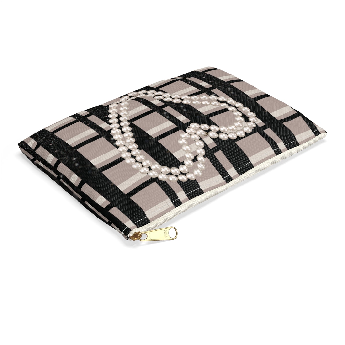 Taupe, Black, and Black Glitter Plaid with Pearl Necklace Accessory Pouch