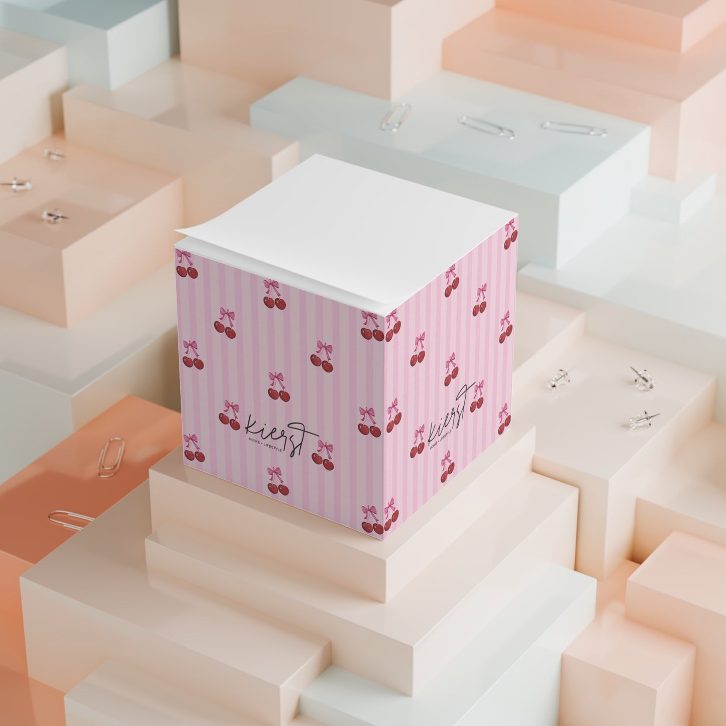 Cherries on Pink Stripes Note Cube