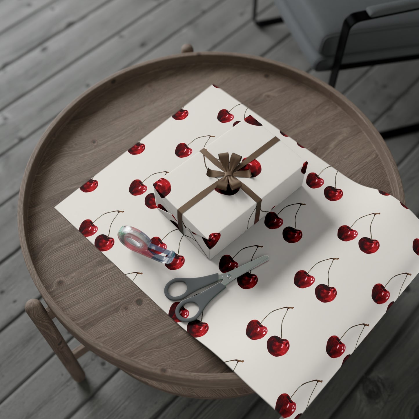 Moody Cherry Stem Gift Wrapping Paper – Glossy Red Fruit on Bone Color