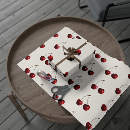 Moody Cherry Stem Gift Wrapping Paper – Glossy Red Fruit on Bone Color