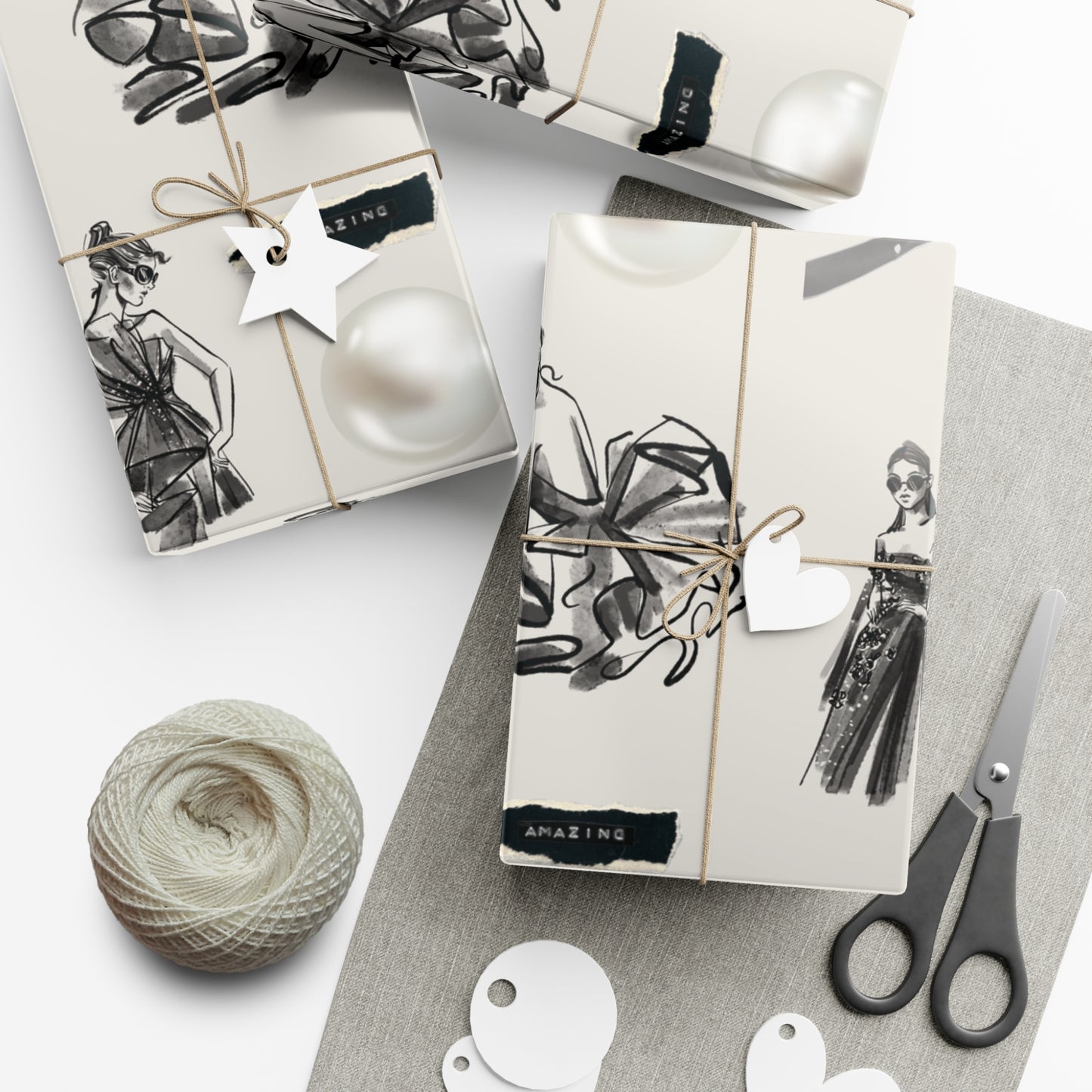 B&W Fashion Illustration Gift Wrapping Paper | Elegant Sketches on Bone White