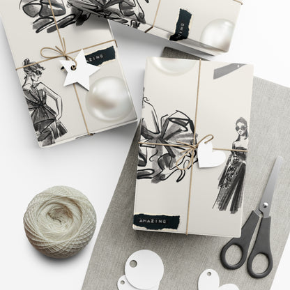 B&W Fashion Illustration Gift Wrapping Paper | Elegant Sketches on Bone White