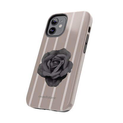 Cream and Brown Vertical Stripes with Black Rose iPhone Case