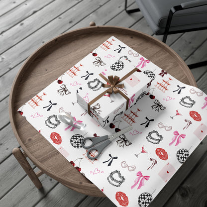 Edge of Romance Wrapping Paper | White Background Gift Wrap with Chic Sticker-Inspired Design