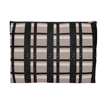 Plaid Luxe Accessory Pouch – Taupe, Black, and Glitter Detail in a Chic Grid