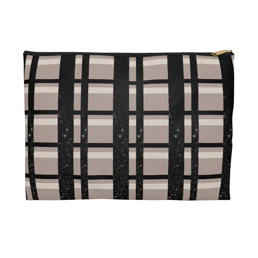 Plaid Luxe Accessory Pouch – Taupe, Black, and Glitter Detail in a Chic Grid