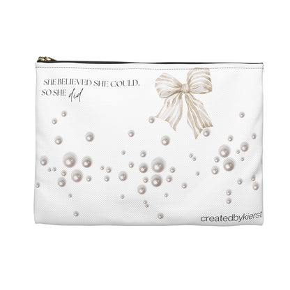 Tan and White Bow With Pearls She Believed She Could Accessory Pouch