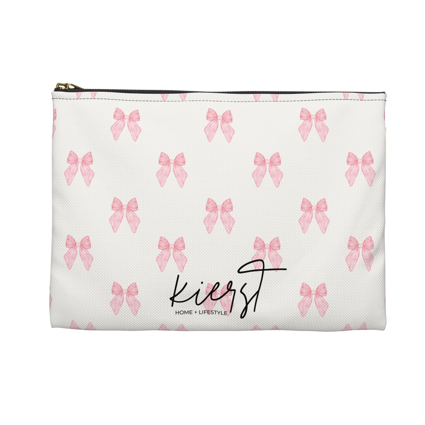 Multiple Pink Bows on Beige Accessory Pouch