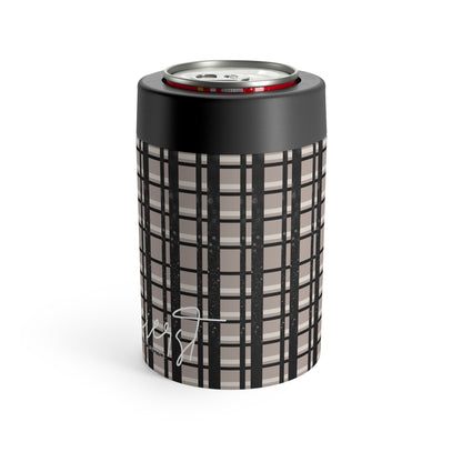 Plaid Perfection Can Holder – Tan, Black & Printed Glitter Design