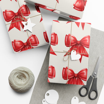 Printed Red Bows on Bone Gift Wrapping Paper