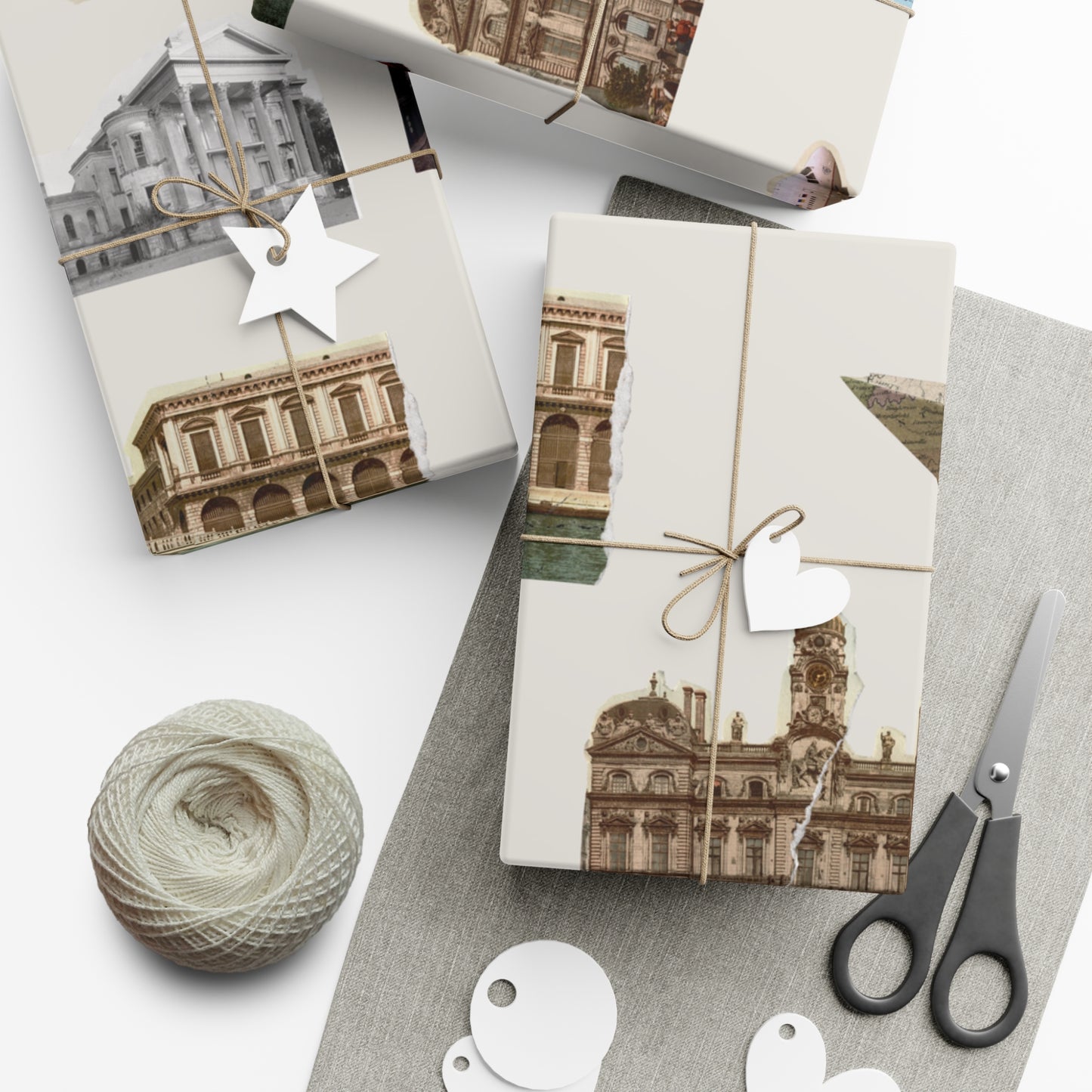 Vintage Stamps Travel Architecture on Bone Gift Wrapping Paper