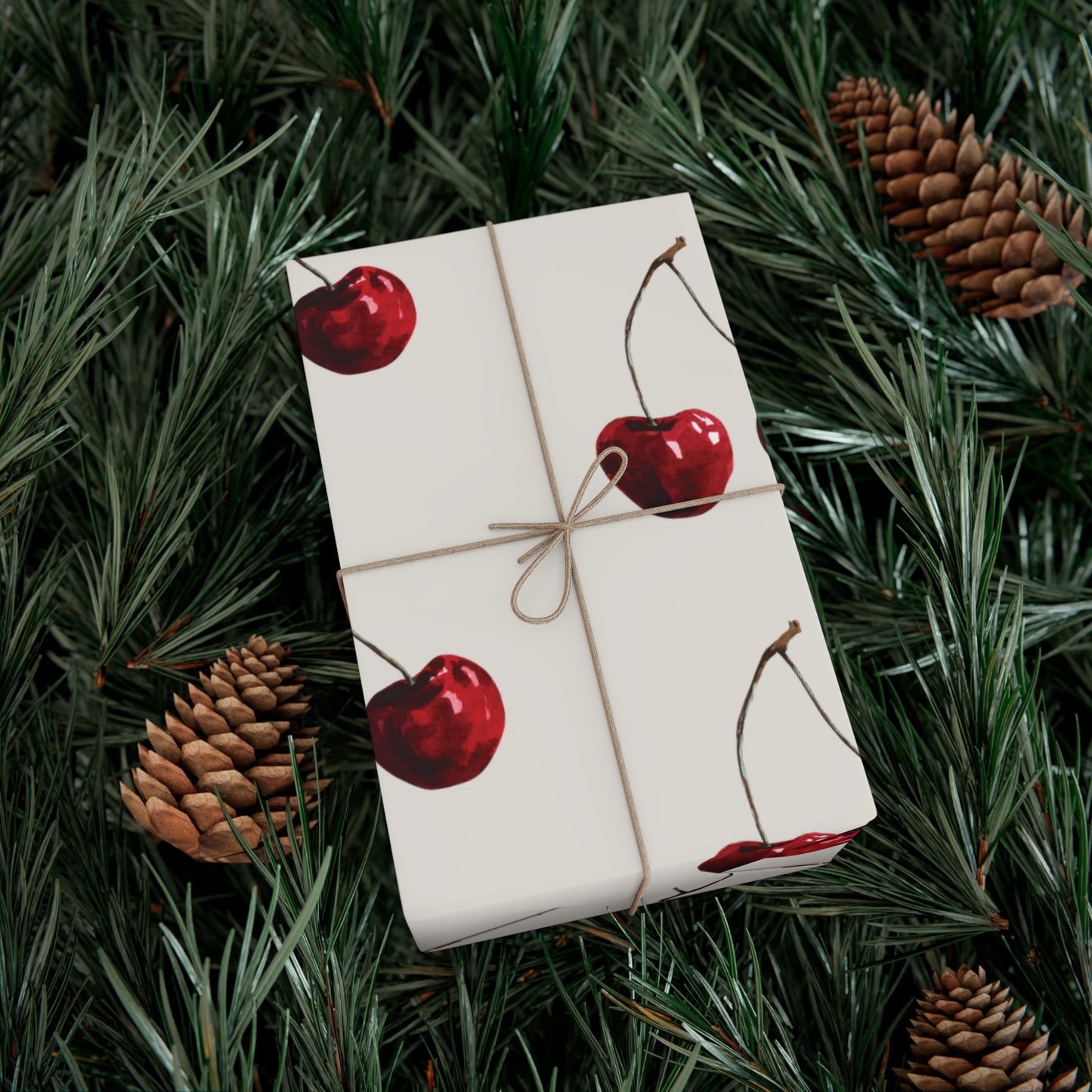 Moody Cherry Stem Gift Wrapping Paper – Glossy Red Fruit on Bone Color