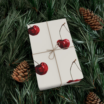 Moody Cherry Stem Gift Wrapping Paper – Glossy Red Fruit on Bone Color