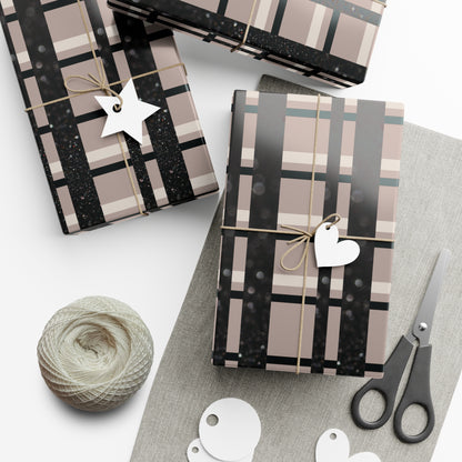 Taupe, Black, and Printed Black Glitter Plaid Gift Wrapping Paper