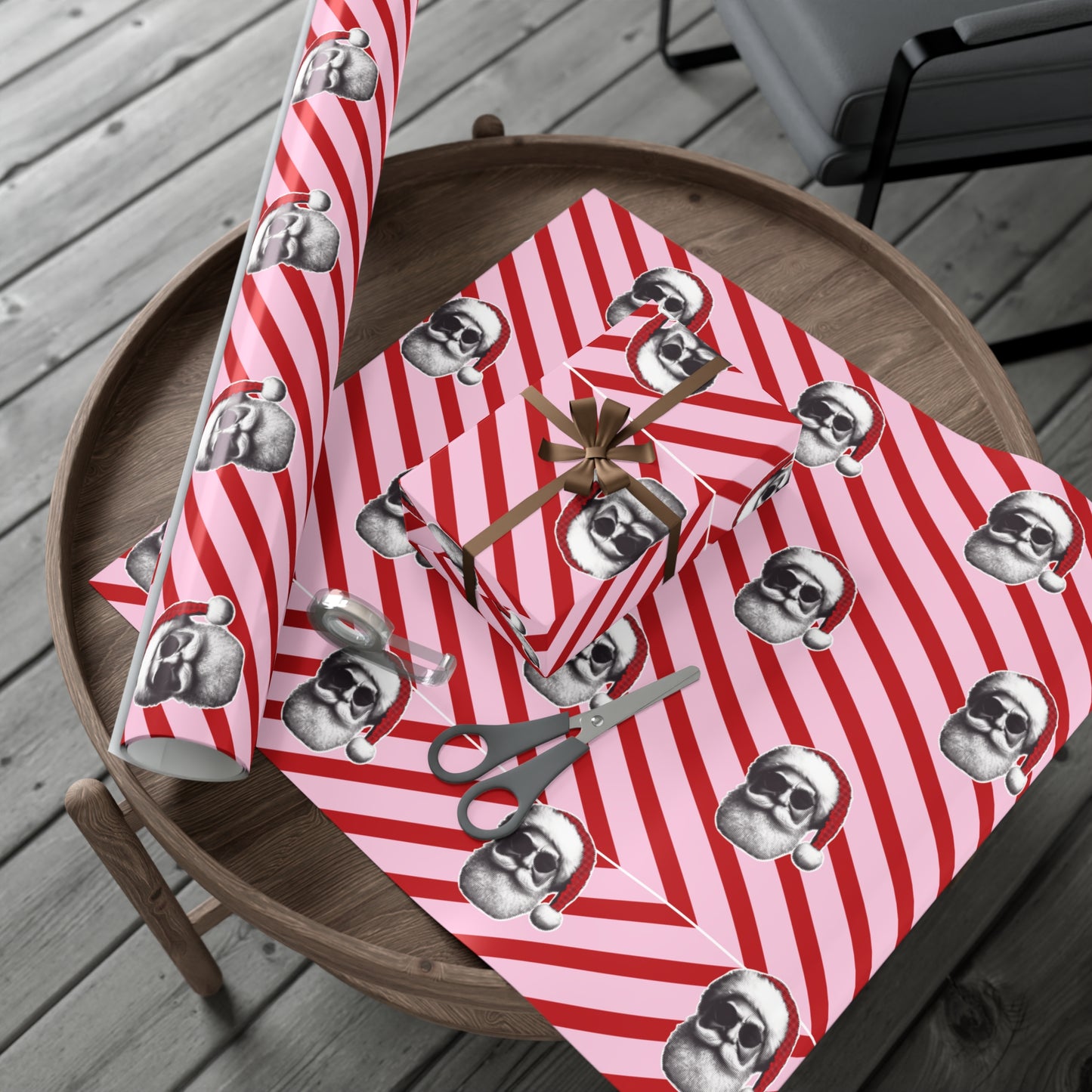 Cool Santa on Pink and Red Diagonal Striped Gift Wrapping paper
