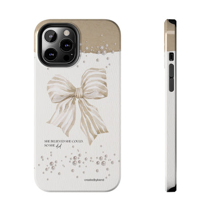 Tan and White Bow With Pearls She Believed She Could iPhone Case