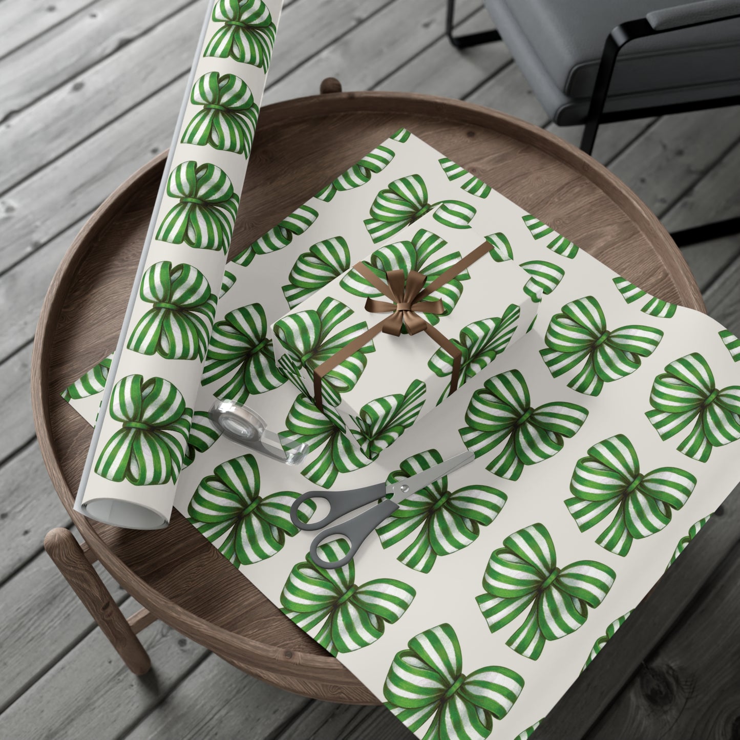 Green and White Stripe Printed Bows on Bone Gift Wrapping Paper