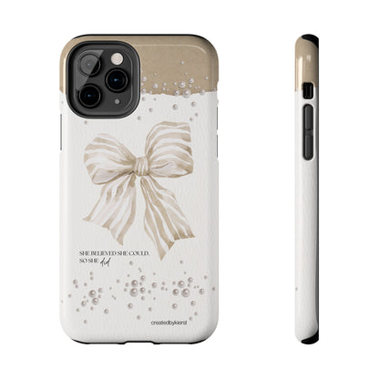 Tan and White Bow With Pearls She Believed She Could iPhone Case