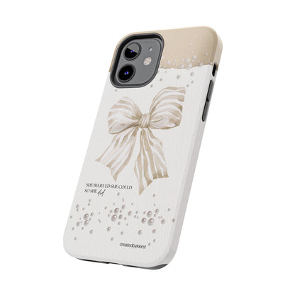 Tan and White Bow With Pearls She Believed She Could iPhone Case