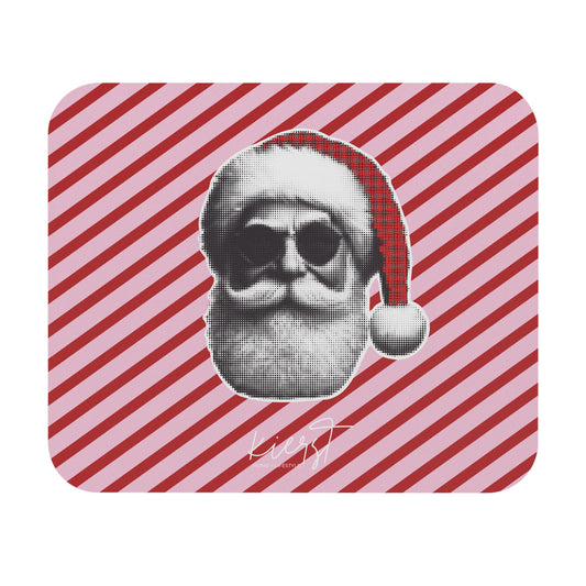 Cool Santa on Pink and Red Diagonal Striped Mouse Pad
