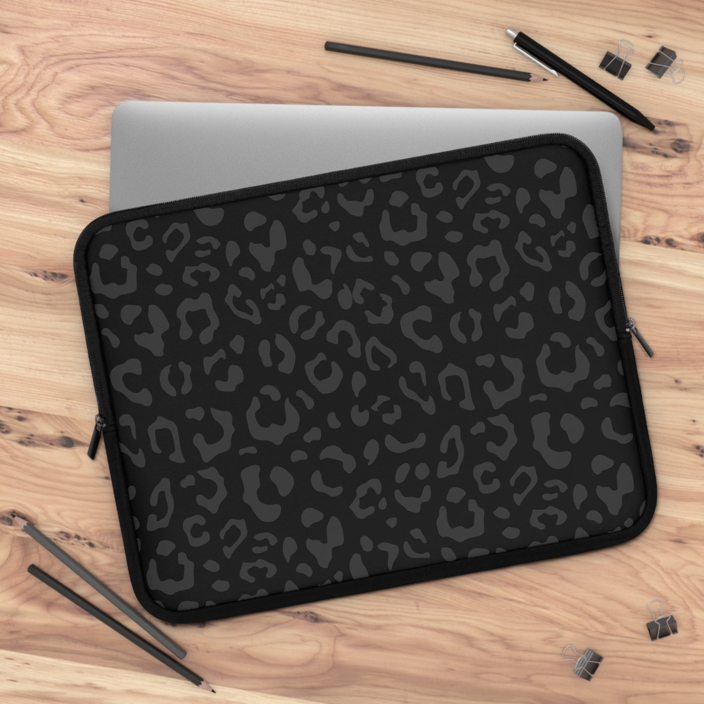 Grey on Black Leopard Laptop Sleeve