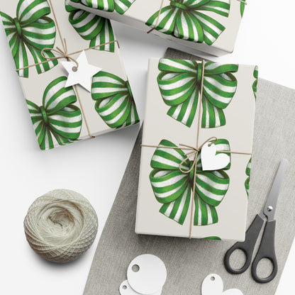 Green and White Stripe Printed Bows on Bone Gift Wrapping Paper